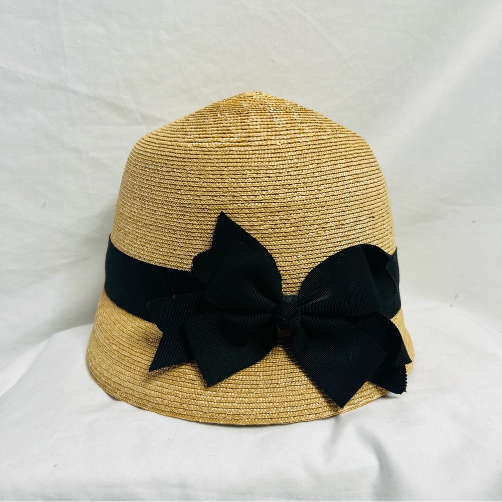 Vintage 80s/90s Kokin NY Woven Straw Cloche Hat with Black Bow